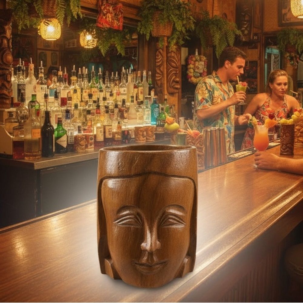 Tiki Type Inspired Wooden Carved Mug Boho Tribal Face Handle Vintage Bar Cup Mug